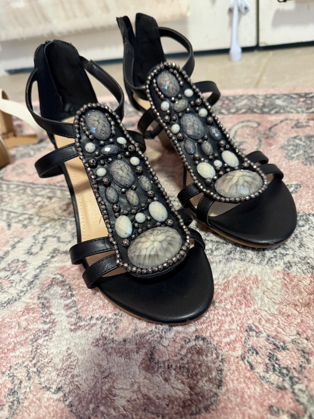 Black Jeweled Strappy Sandals - Women